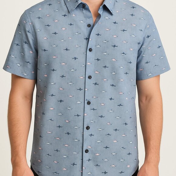 Con.Struct Men’s Slim Fit Shark Print Button Down Shirt Blue XXL - Picture 1 of 7